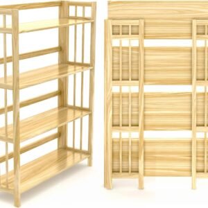 4-Tier Folding Bookshelf | Natural Wood Finish | 45x32x11.5 Inches | Book Shelf for Books and Trinkets | No Assembly Required | Foldable & Small Bookshelf for Home and Office