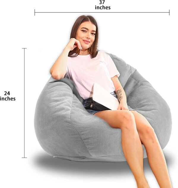 3FT Bean Bag Chairs for Adults/Teens with Memory Foam Filling Bean Bag Sofa with Handle Ultra Soft Washable Corduroy Fabric Lazy Sofa for Living Room Bedroom College Dorm Light Grey - Image 3