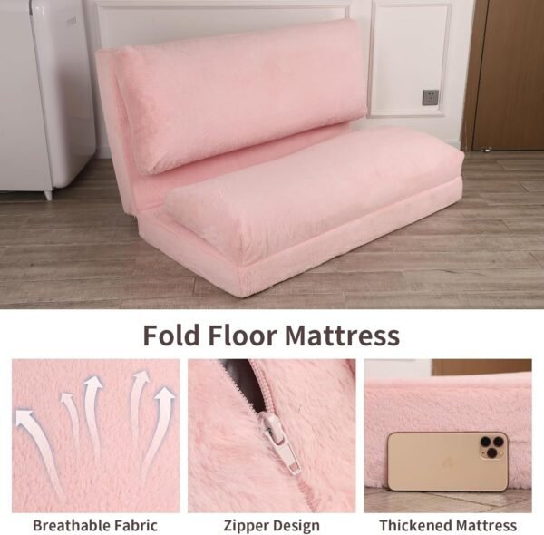 Fluffy Soft Bean Bag Sofa Bed, Extra Wider Fold Full Floor Mattress with Washable Soft Faux Fur Cover, Pink, Large Size - Image 5