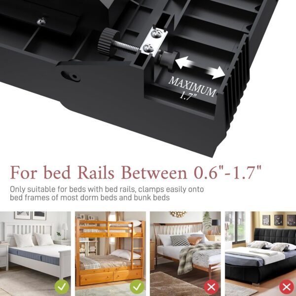 SOLEJAZZ Bedside Shelf for Bed, Foldable Bunk Bed Shelf for Top Bunk Clip On Nightstand with Drawer College Dorm Essential Table Caddy Tray Organizer Bedroom Shelf, Plus Size with Drawer, Black - Image 2