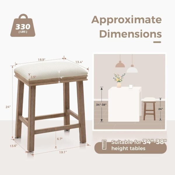 MAISON ARTS Off White Counter Height 24 inch Bar Stools Set of 3 for Kitchen Counter Solid Wood Legs with Faux Leather Padded Seat Farmhouse Barstools for 34"-38" Counter Island Upholstered Stools - Image 2