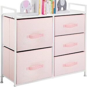 mDesign 30.03″ High Steel Frame/Wood Top Storage Dresser Furniture Unit with 5 Removable Fabric Drawers – Tall Bureau Organizer for Bedroom, Living Room, Closet – Spira Collection – Pink/White