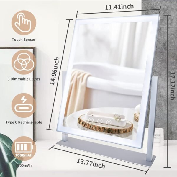 Lighted Makeup Mirror, Hollywood Vanity Mirror with Lights and Detachable 10X Magnification Mirror, 3 Color Lights, 1000mAh Rechargeable Makeup Mirror with Lights, 360° Rotation, Touch Control - Image 5