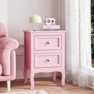 Bonnlo Nightstand with 2 Drawers, Night Stands for Bedrooms, Small Bed Side Table/White Night Stand with drawers for Small Spaces, College Dorm, Kids’ Room, Living Room, French, 16W x 12D x 24H, Pink