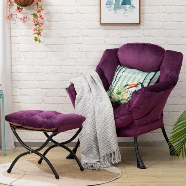 AcozyHom Modern Fabric Lazy Chair and Folding Footrest Stool Set, Accent Contemporary Lounge Chair and Portable Ottoman, Steel Frame Leisure Sofa Chair and Metal Cotton Footstool, Deep Purple - Image 4