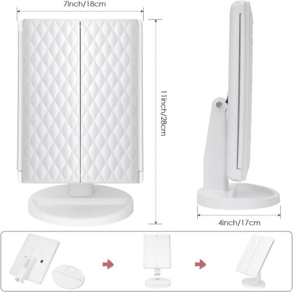 Trifold Vanity Mirror with Lights，Tabletop Mount Makeup Mirror with Lights and 1x/2x/3x Magnification 21LED Mirror Touch Screen Two Power Supply Modes Make Up Mirror - Image 6