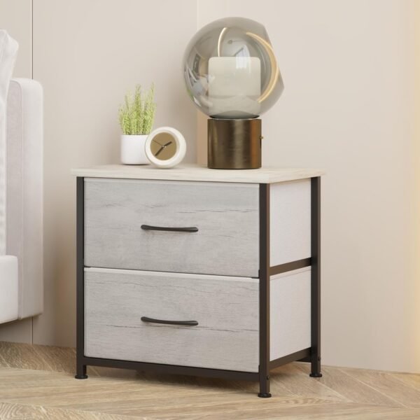 LUMTOK Greige Nightstand with Drawer, 2 Drawers Dresser for Bedroom, Small Night Stand and Dressers Sets with 2 Fabric Drawers, End Table with Drawer for Living Room, College Dorm (1PCS) - Image 2