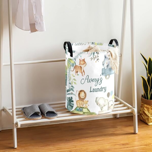 Personalized Laundry Baskets Bin, Safari Green Leaves Animals Laundry Hamper with Handles,Waterproof Clothes Hamper, Laundry Bin, Clothes Toys Storage Basket for Bedroom, Bathroom, College Dorm 50L - Image 3