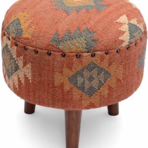 Handmade Kilim Jute Pouf Ottomans Wooden Seating Stool for Living Room, Bedroom (16″ D x 16″ W x 16″ H) (Red)