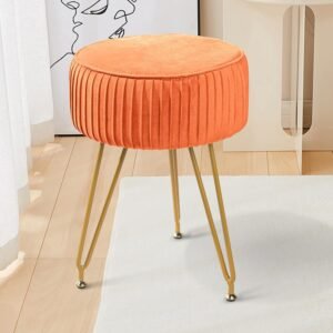 ECOMEX Velvet Round Ottoman with Metal Legs, Upholstered Pleated Round Ottoman Footstool Makeup Vanity Stool Round Velvet Ottoman for Home Living Room Bedroom, Pumpkin