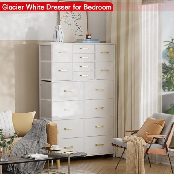 Dresser for Bedroom with 16 Drawers, Tall Dresser Organizer for Closet, Entry, Living Room, Nursery, Dorm, Chest of Drawers with Fabric Bins, Leather Front, Metal Handle, Glacier White - Image 5