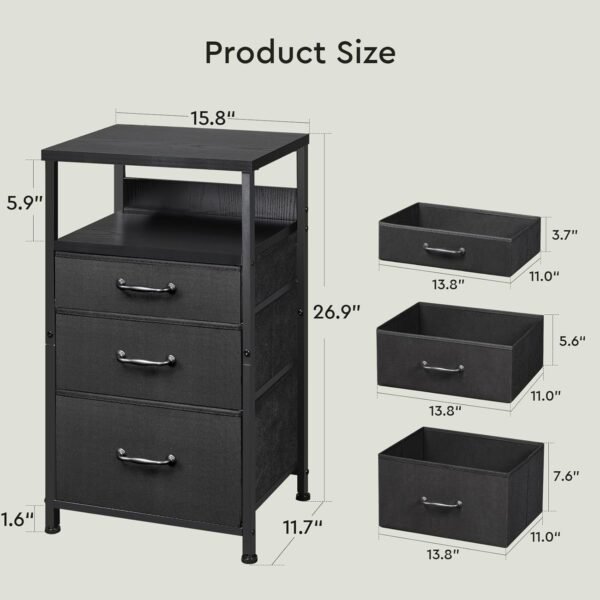 Nightstand, Bedside Table with 3 Fabric Drawers, Side Table with Open Shelf, End Table with Steel Frame,3 Drawer Dresser for Bedroom, Entryway, College Dorm, Easy Assembly,Black - Image 3
