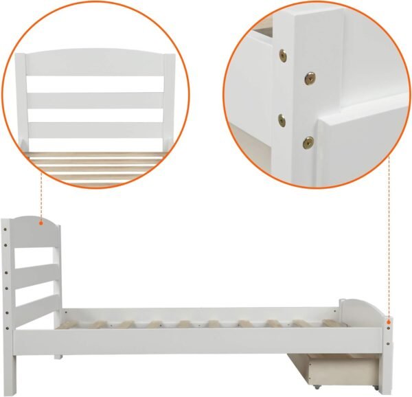 P PURLOVE Platform Twin Bed Frame with Storage Drawer and Wood Slat Support No Box Spring Needed, White - Image 8