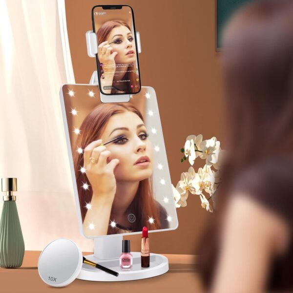 Lighted Makeup Vanity Mirror with Phone Holder and 10X Magnifying Mirror, 21 LED Lighted Mirror with Touch Sensor Dimming, 180°Adjustable Rotation, Dual Power Supply, Portable Cosmetic Mirror - Image 7