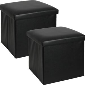 Folding Small Ottoman Cube, 15 Inches Storage Ottoman, Small Storage Ottoman for Bedroom and Living Room, Support 400 lbs, Faux Leather ottoman, Easy Assembly, 2PC, Black