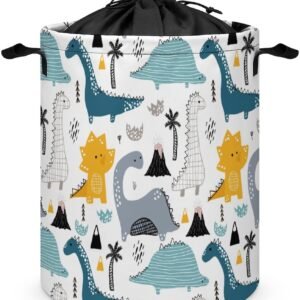 Baby Dinosaurs Laundry Hamper Collapsible Kids Laundry Basket with Drawstring Waterproof Cartoon Dino Nursery Toy Storage Organizer 14×17.3 Inches