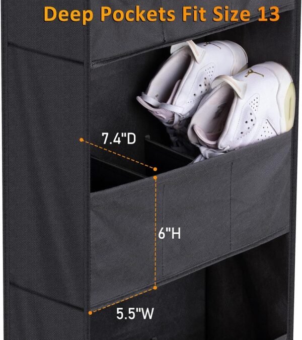 AOODA Over The Door Shoe Organizer Storage, Holds 15 Pairs Hanging Shoe Rack for Door with Large Deep Pockets, Narrow Door Shoe Holder for Closet Wall with 4 Hooks, Black - Image 3