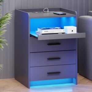 Nightstand-Bedside-End-Table with Charging Station – Smart Nightstand for Sofa Table with Human-Sensor RGB Lights, Modern Bedroom Furniture with Drawers & Slide Open Shelf, Grey