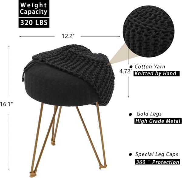 Round Boho Pouf Stool Ottoman, Hand Knitted Pouffe, Cotton Braided Cord Seat with Gold Metal Legs, Home Decor Foot Rest for Living Room, Bedroom (Black) - Image 3
