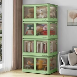 100Gal Stackable Storage Bins with Lids – Collapsible Storage Bins with Doors and Wheels, Folding Plastic Storage Boxes for Closets, Storage Cabinets for Closet (4 Pack Green)