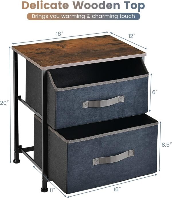 Giantex Nightstand with 2 Drawers Set of 2, End Table Small Dresser w/Removable Fabric Bins & Wood Top, Sturdy Metal Frame, Pull Handle, Bedside Table for Home Bedroom College Dorm - Image 3