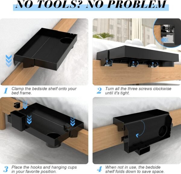 Ronlap Folding Bedside Shelf, Bunk Bed Shelf Organizer for Top Bunk Clip On Nightstand for Loft Bed Plastic Bedside Shelf Tray for Kids with Cupholder Hooks Hanging Cup, Plus Size, Black - Image 5