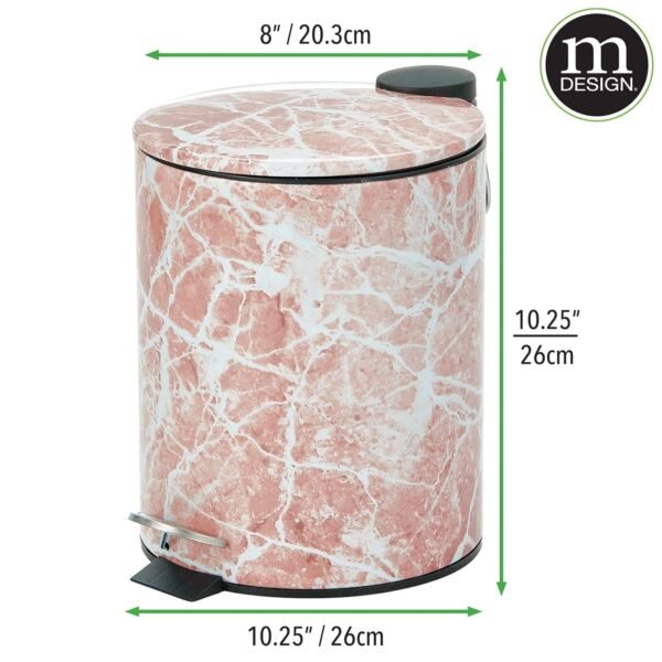 mDesign Metal 1.3 Gallon/5 Liter Round Step Trash Wastebasket, Garbage Container Bin with Lid for Bathroom, Powder Room, Bedroom, Kitchen, Craft Room, Office - Removable Liner Bucket - Pink Marble - Image 3