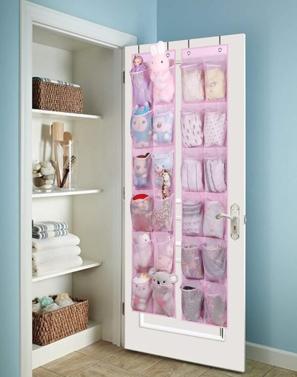 MISSLO Kids Over the Door Shoe Organizer Baby Hanging Shoe Rack Narrow Closet Storage bags with 12 Mesh Pockets for Girl Women Men Toddler Nursery, 2 Packs, Pink - Image 7