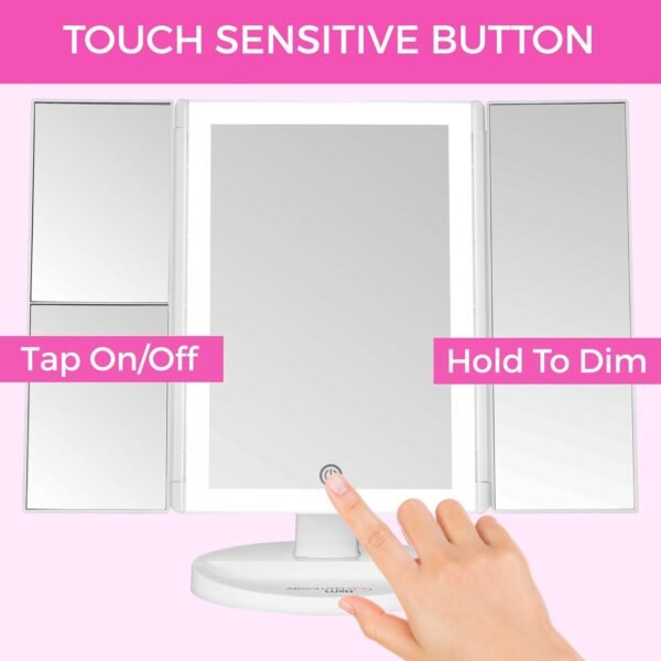 Trifold Vanity Mirror with Lights | LED Makeup Mirror with Lights and Touch Screen Dimming - 1x 2x 3x Magnification - Portable Lighted Makeup Mirror | Great Vanity Mirror with Lights - Image 2