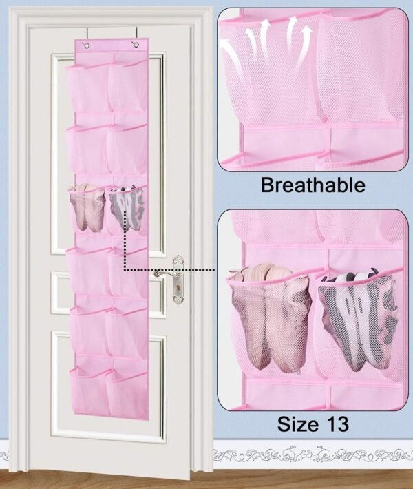 MISSLO Kids Over the Door Shoe Organizer Baby Hanging Shoe Rack Narrow Closet Storage bags with 12 Mesh Pockets for Girl Women Men Toddler Nursery, 2 Packs, Pink - Image 3