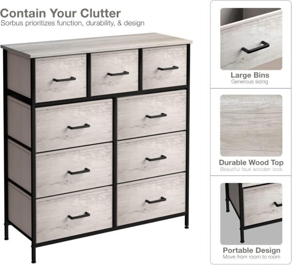 Sorbus Dresser with 9 Faux Wood Drawers - Storage Unit Organizer Chest for Clothes - Bedroom, Hallway, Living Room, Closet, & Dorm Furniture - Steel Frame, Wood Top, & Easy Pull Fabric Bins - Image 4