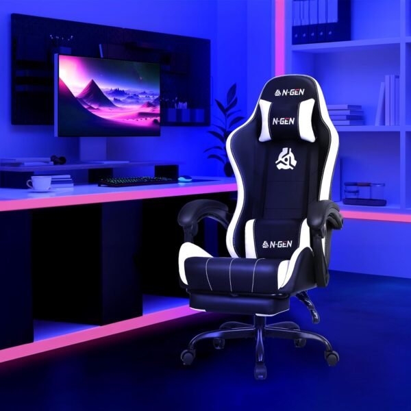 N-GEN GAMING Video Gaming Chair with Footrest High Back Ergonomic Comfortable Office Computer Desk with Lumbar Support Height Adjustable with PU Leather Recliner for Adults Women Men (White) - Image 2
