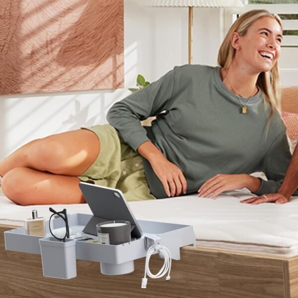 SPACEKEEPER Bedside Shelf for Bed, Foldable Bunk Bed Shelf Organizer for Top Bunk College Dorm Room Essentials Clip On Nightstand Bed Side Shelf Tray with Hanging Cup, Normal Size, Grey - Image 7