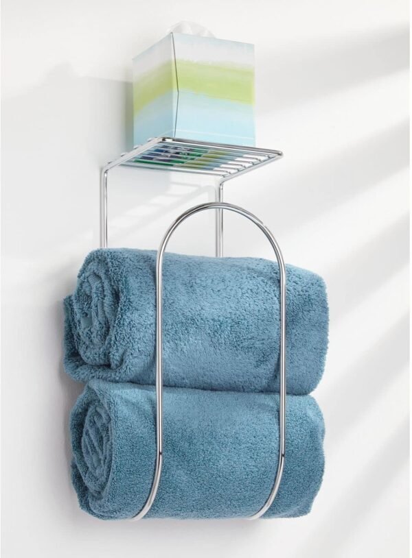 mDesign Modern Metal Wire Wall Mount Towel Rack Holder and Organizer with Storage Shelf - for Bathroom Towels, Washcloths, Hand Towels - Decorative Curved Design - Chrome - Image 3