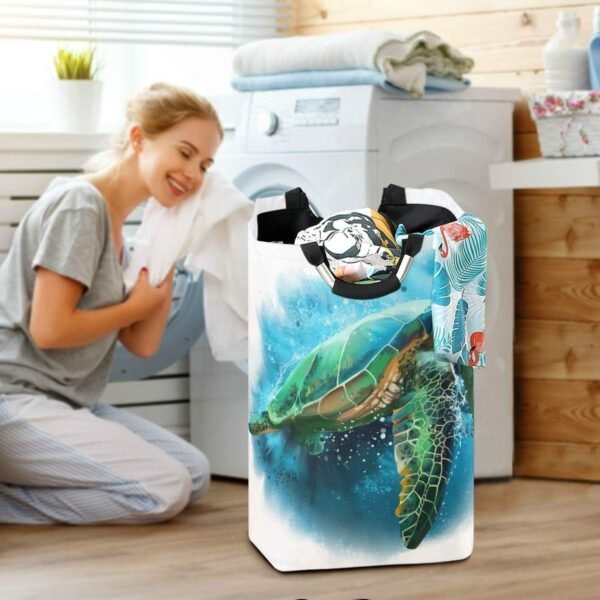 22.7"(H) Collapsible Laundry Hamper Watercolor Sea Turtle Laundry Basket Organizer Large with Handle Foldable Clothes Hamper - Image 6