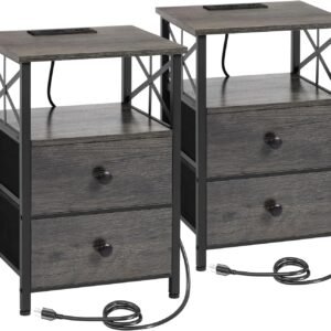 AMHANCIBLE Night Stand Set 2, Nightstand with Charging Station, End Tables Living Room with USB Ports and Outlets, Bedside Tables with Fabric Drawers for Bedroom, Dark Grey HET05XDG