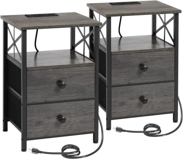 AMHANCIBLE Night Stand Set 2, Nightstand with Charging Station, End Tables Living Room with USB Ports and Outlets, Bedside Tables with Fabric Drawers for Bedroom, Dark Grey HET05XDG