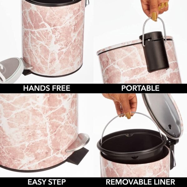 mDesign Metal 1.3 Gallon/5 Liter Round Step Trash Wastebasket, Garbage Container Bin with Lid for Bathroom, Powder Room, Bedroom, Kitchen, Craft Room, Office - Removable Liner Bucket - Pink Marble - Image 4