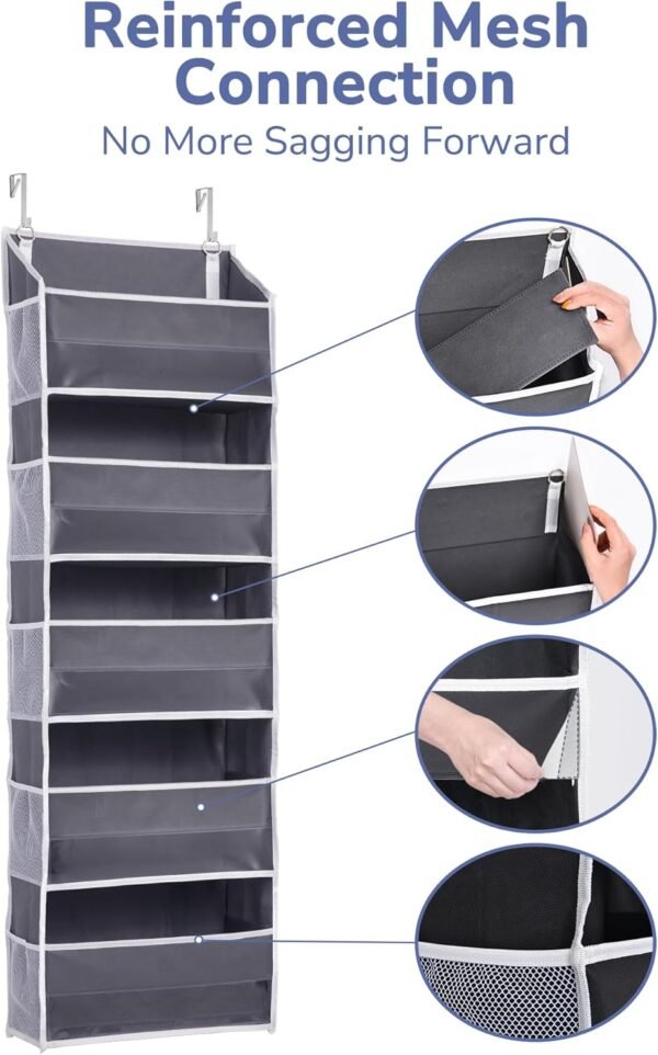 ULG 1 Pack Over Door Organizer with 5 Large Pockets 10 Mesh Side Pockets, 44 lbs Weight Capacity Hanging Storage Organizer with Clear Window Kids Toys, Shoes, Diapers, Dark Grey, 5 Layers - Image 8