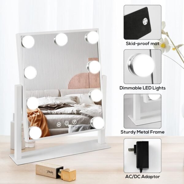 Hollywood Vanity Mirror with Lights, Tabletop Makeup Mirror with 9 LED Lights, 3 Colors Dimmable Touch Control Lighted Makeup Mirror with Lights, 360°Rotation - Image 3