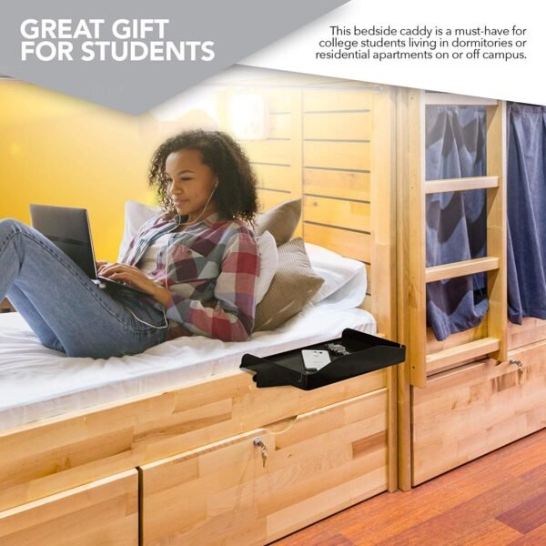 Modern Innovations Bedside Shelf for Bed, College Dorm Room, Top Bunk, Clip On Nightstand Tray with Cord and Cup Holder, Bunkbed Caddy for Table Storage (Black) - Image 5