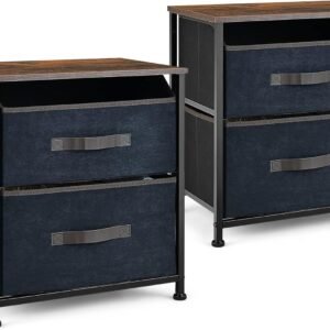 Giantex Nightstand with 2 Drawers Set of 2, End Table Small Dresser w/Removable Fabric Bins & Wood Top, Sturdy Metal Frame, Pull Handle, Bedside Table for Home Bedroom College Dorm