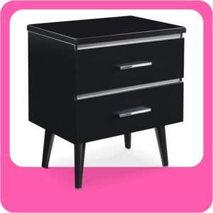 Lennox Mid-Century Side Table 2 Drawers Storage Nightstand, Matte Chrome Handle, Black