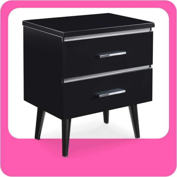 Lennox Mid-Century Side Table 2 Drawers Storage Nightstand, Matte Chrome Handle, Black