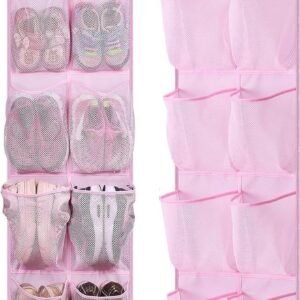 MISSLO Kids Over the Door Shoe Organizer Baby Hanging Shoe Rack Narrow Closet Storage bags with 12 Mesh Pockets for Girl Women Men Toddler Nursery, 2 Packs, Pink