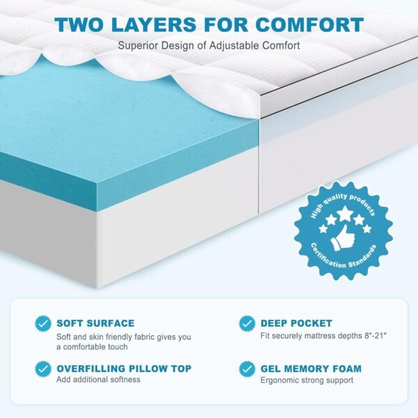 Twin XL Size Dual Layer 4 Inch Memory Foam Mattress Topper, 2 Inch Gel Memory Foam and 2 Inch Cooling Pillow Top Mattress Pad Cover for Back Pain, Medium Support - Image 2