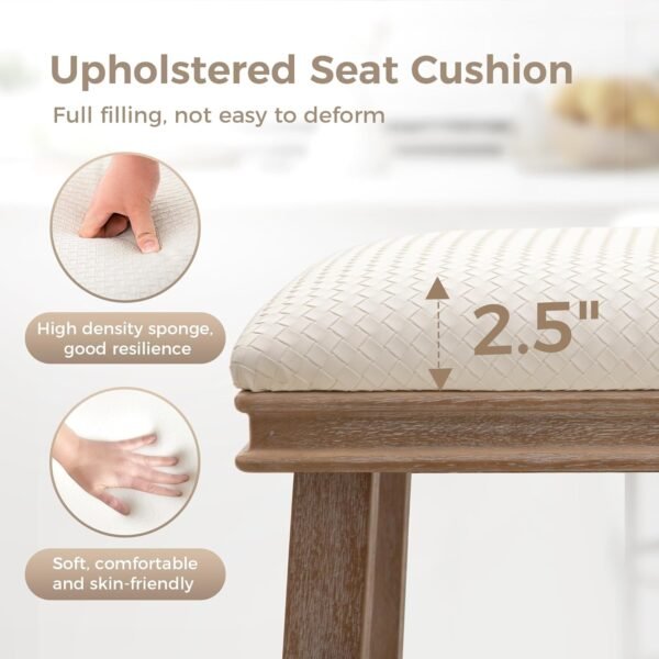 MAISON ARTS Off White Counter Height 24 inch Bar Stools Set of 3 for Kitchen Counter Solid Wood Legs with Faux Leather Padded Seat Farmhouse Barstools for 34"-38" Counter Island Upholstered Stools - Image 3