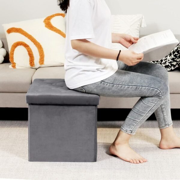 B FSOBEIIALEO Storage Ottoman Cube, Velvet Tufted Folding Ottomans with Lid, Footstool Rest Padded Seat for Bedroom (Grey, Medium) - Image 3