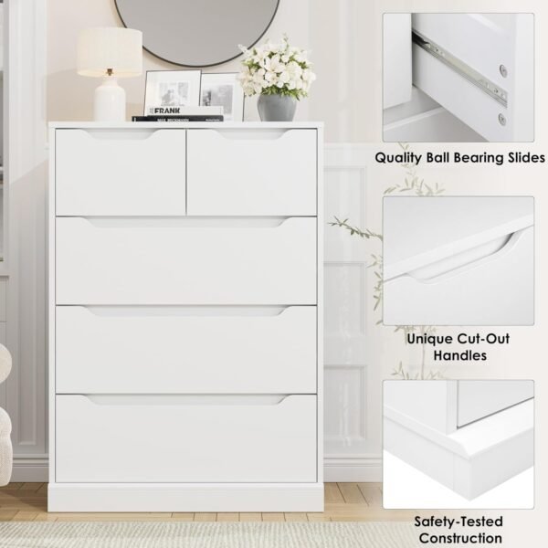 HOSTACK Modern 5 Drawer Dresser for Bedroom, Chest of Drawers with Storage, Wood Storage Chest Organizers with Cut-Out Handles, Accent Storage Cabinet for Living Room, Entryway, Hallway, White - Image 5
