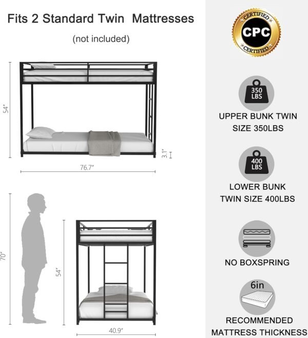 Twin over Twin Metal Bunk Bed with Ladder/Slats Support/Safety Guardrail for Childs Adults Teens,Weight Capacity 400 lbs(Lower)/350 lbs(Upper),Black - Image 3